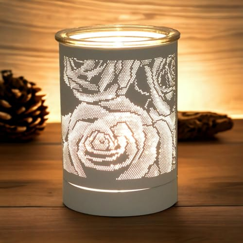 Electric Scented Oil Burner and Wax Tart Melter Aroma Fragrance Diffuser Lamp with White Rose Silhouette Design