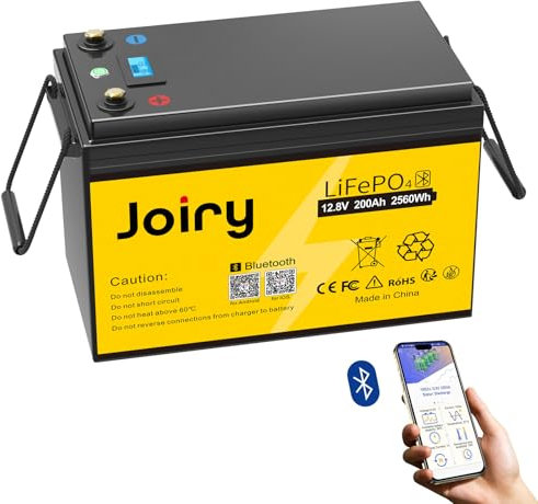 Joiry LiFePO4 Akku 12V 200Ah Lithium Batterie Bluetooth-Funktion Solarbatterie Akku mit eingebautes 200A BMS, 2560Wh LiFePO4 Batterie für Wohnmobil, Wohnwagen, Boot, Solaranlage, Off-Grid
