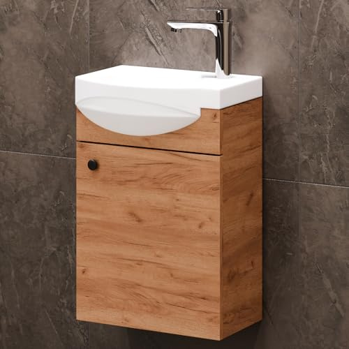 Planetmöbel Badmöbel Set Waschtisch mit Unterschrank 40 x 60 x 29 cm | Waschtischarmatur chrom für Badezimmer, Gäste WC & Bad, Gold Eiche