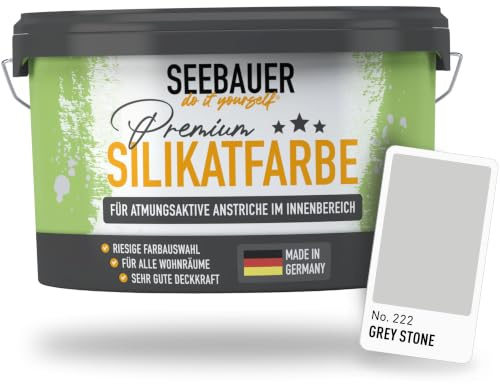 SEEBAUER diy Silikatfarbe Hellgrau 5L für Innen (No. 222 Grey Stone) Atmungsaktive Mineralfarbe für Allergiker - Abwaschbare Wandfarbe - Grautöne hohe Deckkraft