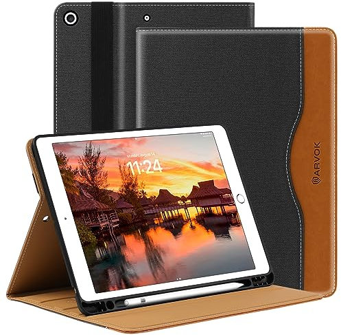 ARVOK Hülle für iPad 9. / 8. / 7. Generation mit Stifthalter 10.2 Zoll Modell 2021/2020 / 2019, Stoßfeste Schutzhülle mit Auto Schlafen/Wachen, Premium Leder Folio Standabdeckung für iPad 9 8 7
