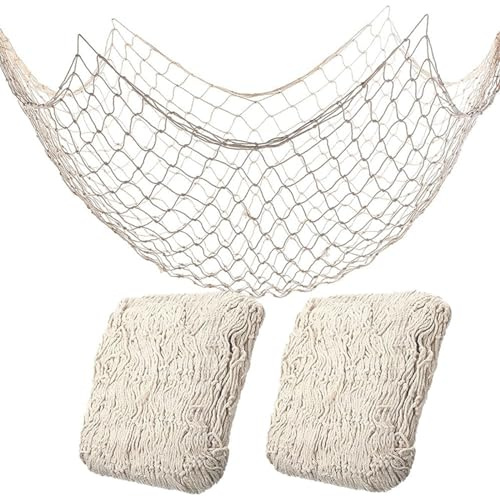 2 Pack Fish Net Decorations for Party, Natural Cotton Hawaiian Party Fishing Net Decorative, Nautical Themed Cotton Fishnet Under The Sea Pirate Ocean BeachHalloween Decor