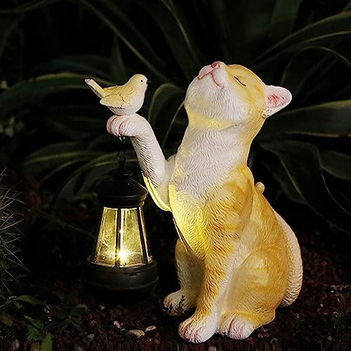 Fiorky Statues de Jardin de Chat Solaire, Lampe Solaire d'extérieur pour Animaux Décor de Jardin Statues de Chat en Résine avec Lumière d'Oiseau pour Cour Balcon Allée, Cadeau de Pendaison d