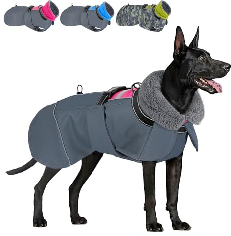 SlowTon Hundemantel Winter, wasserdichte verstellbare Fleecefutter Hundejacke mit Turtleneck und Kordelzug, reflektierender Wintermantel für kleine mittlere und große Hunde im Freien