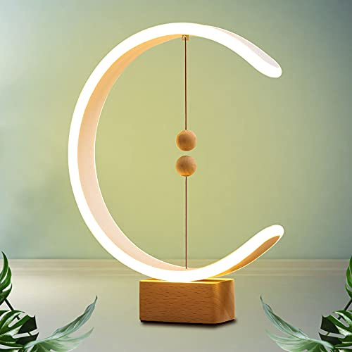 Lampe De Table Moderne,Lampe De Chevet Design Socle En Bois,Lampe De Table Led avec Magnétique Billes Flottantes Switch,Lampe à Poser Minimaliste Pour Chambre,Salon,Bureau [Classe énergétique A++]