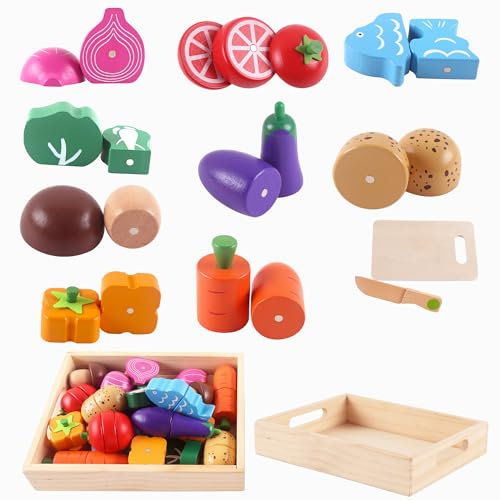Newling Wooden Kitchen Accessories - Vegetables Play Food Set for Kids - Boys & Girls - Fake Food for Parties - Includes Wooden Storage Box