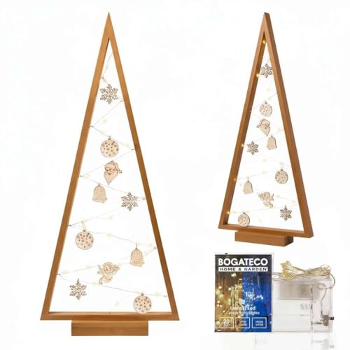 BOGATECO Weihnachtsbaum aus Holz mit LED Beleuchtung 104cm hoch | Holzdekoration inklusive | Weihnachtsdekorationen | 30 LED |