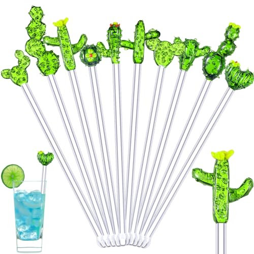 Yaomiao 10 Pieces Christmas Cocktail Stirrers Glass Swizzle Sticks Transparent Glass Stir Sticks Reusable Stirring Rod for Coffee Drink Holiday Party Bar Restaurant Home Office (Cactus)