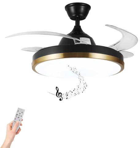 Horevo Smart Retractable Deckenventilator mit Lichtern und Bluetooth-Lautsprecher - 24W, Farbwechsel, Alexa- und Google-App-Steuerung - Schwarz und Gold