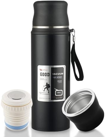 Ruucy Thermal Flask for Hot and Cold Drinks, Hot Water Flasks 1L with Cup, Leakproof Stainless Steel Water Bottles, Portable Travel Flask for Adult, Gym, Outdoor (Black)