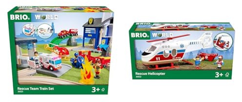 BRIO World 36025 Polizei und Feuerwehr Set Deluxe & 36022 - Rettungshubschrauber - Empfohlen für Kinder ab 3 Jahren