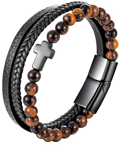 Flongo Leder Armband Herren Kreuz: Naturstein Lederarmband Perlen schwarz silber mehrschichtig cross anhänger bracelet men Kugel jesus schmuck glücksbringer Geschenk für Männer Damen Weihnachten