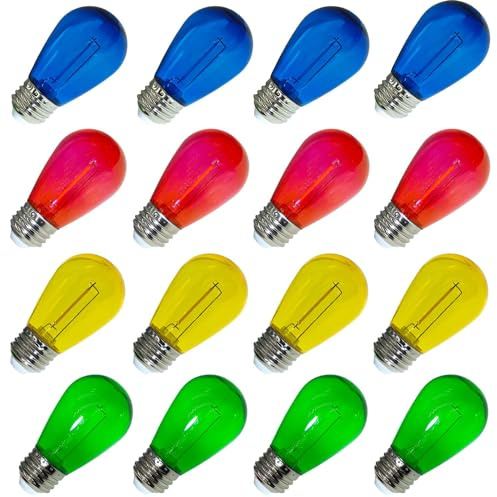 abulber S14 Led Bulbs for Outdoor String Lights,Shatterproof Waterproof Plastic S14 Multicolor Light Bulb,1 Watt to Replace 11 Watts Incandescent Bulb,120V 2700K E26 16 Pack.