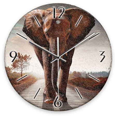 Kreative Feder Wanduhr „Elefant“ aus Stein (Keramik) in Schiefer-Optik; Durchmesser 30cm; mit leisem Uhrwerk (Elefant, leises Quarzuhrwerk)