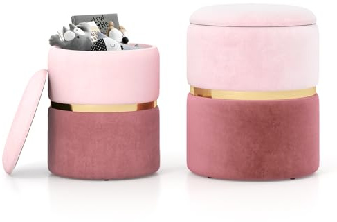 GIANTEX Ottomaner i en uppsättning av 2, modern vadderad fotpall med gyllene rostfritt stålband & vadderad sits, rund sammetspall för vardagsrum, sovrum, sminkrum, rosa, 32 l + 21 l