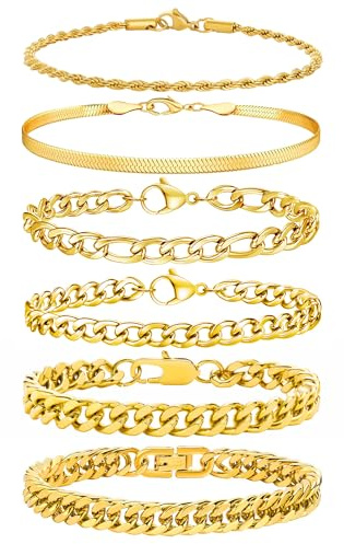 Herren Armband Edelstahl Armbänder Panzerkette - 6 Stücke Herrenarmbänder für Männer Jungs Kubanische Armband Geschenke für Sohn,Silber Schwarz Gold,19cm/21cm/23cm Länge (Gold, 19.0 Zentimeter)