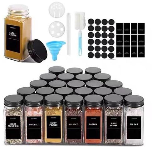 24 stück 120ml Gewürzgläser eckig luftdicht,Gewürzdosen Set Glas,Gewürzbehälter Spice Jars, Gewürze Aufbewahrung,Gewürz Organizer,Gewürzaufbewahrung, mit Stift & Trichter & Bürste, Etiket (Schwarz)