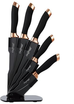 6 st. Knivset, kockkniv, knivställ, vridbar, knivblock, svart-guld