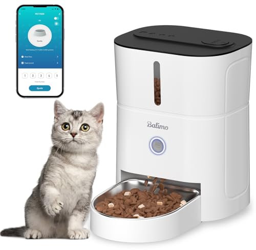 Balimo Distributore Automatico Cibo Gatti, 2.4G WiFi Dispenser Crocchette Gatto, 3L Distributore Automatico Cibo Cani, 10 Pasti al Giorno, Con Ciotola in Acciaio Inox 304, Adatto Per Cani e Gatti