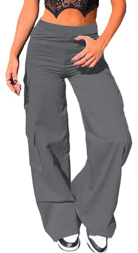 Nuofengkudu Femme Stretch Pantalon Patte D'elephant Large Bootcut Cargo Multi Poches Elastique Taille Haute Flare Pantalons Travail Palazzo Ado Y2K Casual Classique Punk Streetwear