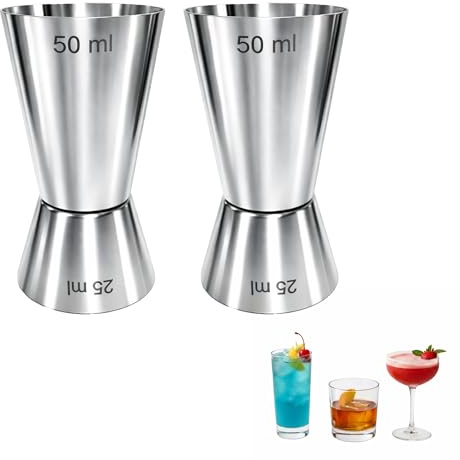 Chabrias 2 Pack Stainless Steel Cocktail Jigger 25/ 50ml Dual Spirit Measure Bar Tool, Bartender Alcohol Shot Measure, Cocktail Accessory for Home Bar, Party, Wine & Mixology