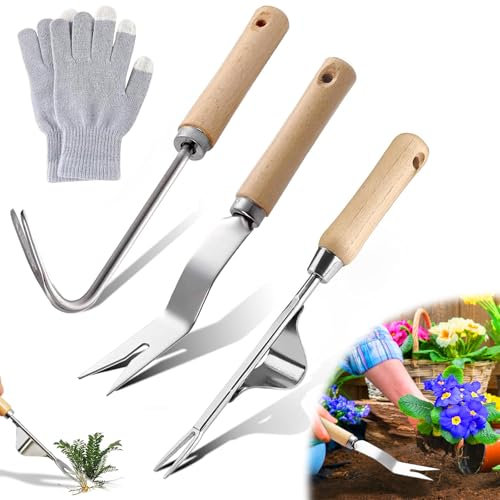 TLDNZXY Hand Unkrautstecher, 3 Stück Unkrautstecher Edelstahl mit Holzgriff, Manueller Unkrautjäter, Unkrautstecher Weeder, Manueller Weeder zum Graben, Jäten, Lösen, Entwurzeln