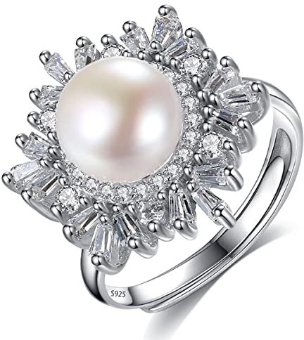 Herrenringe, schlichter S925 Silber offener Zirkonia Perlenring, Damen Süßwasserperlenring