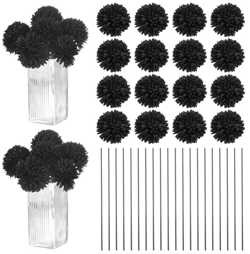 M METERXITY 30-Pack 11 inch Artificial Chrysanthemum Ball Flowers, Black | Faux Chrysanthemum, Silk Bouquets, Real Touch Faux Flowers, For Home, Wedding, Christmas, Party
