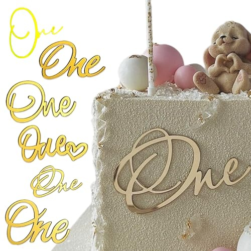 6pcs Gold Acrylic 'One' Cake Toppers - Number 1 Decorations for Girl & Boy 1st Birthday Cakes and Cupcakes