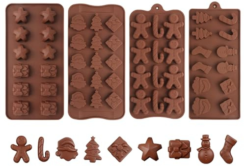 4 Packungen Silikonform Weihnachten, Silikon Backform Gießform Weihnachten, Pralinenform Silikon, für Weihnachten Lebkuchenmann Kekse Torten Fondant, Mini Weihnachtsschneemann Kuchendekorationen