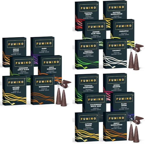 Incense Cones Mega Bundle 270 Pack 16 Scents - Handmade Natural | Fumino Room-Filling Home Fragrance for Meditation, Non-Toxic, Woody Citrus Floral Spiced, 25 Min per Cone, Hand-Rolled