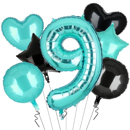 7 Stück XXL Türkis Zahl 9 Luftballon Blau Grün Nummer 9 Folienballons Zahlen Turquoise Happy Birthday Ballon Geburtstags Deko 100cm