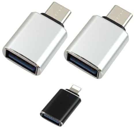 USB C to USB Adapter, Aluminum OTG Converter, 2 Type-c and 1 Lighting Adapter Compatible with iPhone 11 12 15 16, MacBook Pro iPad Samsung Galaxy and More(Black/Silver)