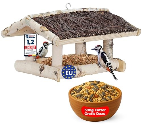 TORFIX® Vogelfutterhaus zum Aufhängen - Futterhaus für Vögel hängend - Bird House - wetterfest -wetterbeständiges Dach, 39×35×25 cm, inkl. 500g Vogelfutter sofort einsatzbereit Handgefertigt in der EU