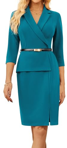GRACE KARIN Elegant kontorsklänning för kvinnor, 3/4-ärm, V-ringad, affärsklänning bodycon, cocktailklänning, M