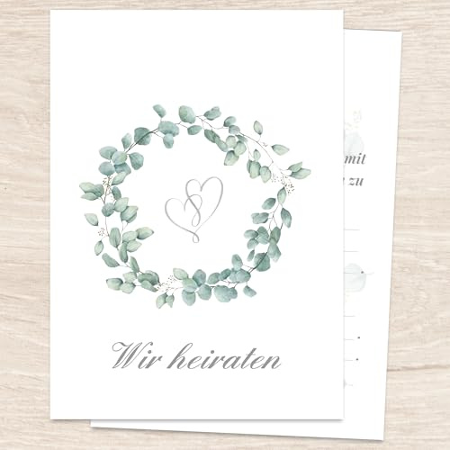 Hochzeitseinladungskarten 10er Set A6 – Eukalyptus-Kranz botanical grün | flache Karten, Rückseite beschreibbar – Karte zur Hochzeit, Glückwunschkarte, Einladungskarte - für Standesamt Einladung