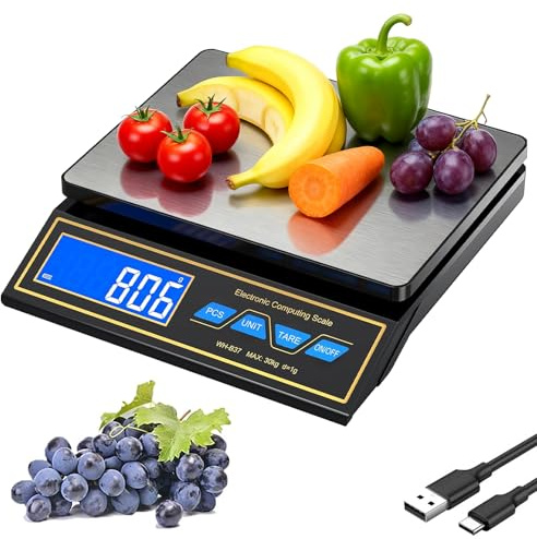 Bilancia da cucina digitale, 30 kg, 1 g, in acciaio inox, da cucina, con display LCD, USB C, ricaricabile, funzione di conteggio tara, 8 unità di misura, per carne, frutta, pasticceria