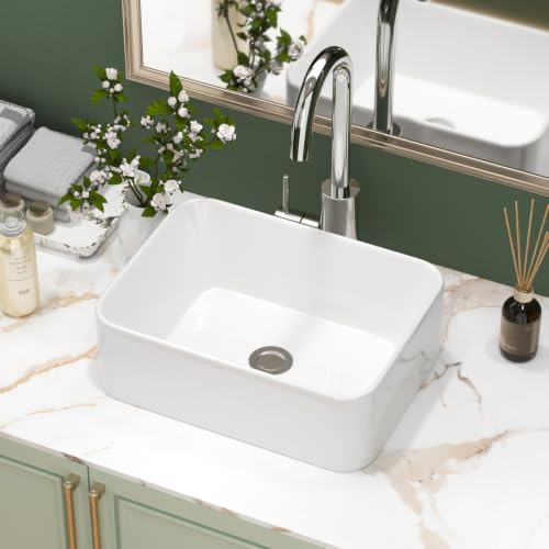 Sarlai White Countertop Bathroom Sink, Ceramic Vessel Wash Basin 40x30x13cm | White Above Counter Basin, Modern Rectangular Wash Hand Basin, Smooth Glazed Surface, Sinks for Bathrooms, Cloakroom, Vanity
