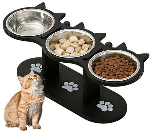 TOATELU Ciotola rialzata per gatti, con 3 ciotole in acciaio inox, altezza regolabile con supporto, per gatti e cani di piccola taglia, inclinabile di 15°, nera