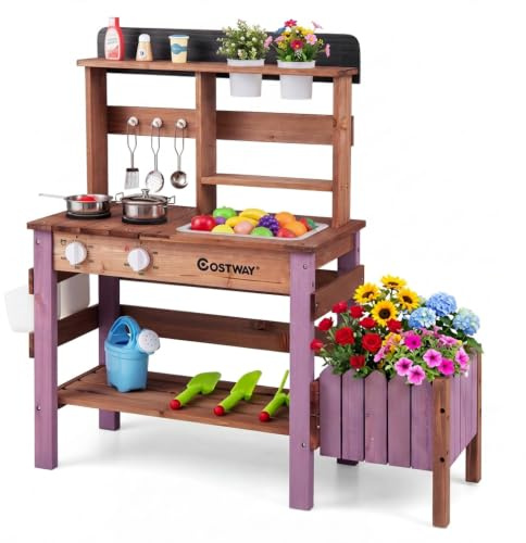 COSTWAY Mud Kitchen, Outdoor Kids Play Kitchen with Cookware, Planter Box & Gardening Accessories, Wooden Pretend Kitchen Playset for Boys Girls Ages 3+