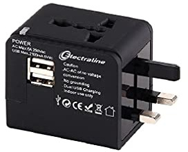 Electraline 70015 Adattatore da viaggio e caricabatterie USB Quick Charge - Adattato per spine Africane Europee Americane Australiane per le Vacanze in Tutto il Mondo - Copre Oltre 150 Paesi nero