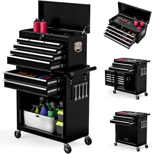 Percince High Capacity Rolling Tool Boxes with Wheels and Drawers, 8-Drawer Storage Cabinet,Detachable Organizer Combo,Mobile Lockable Toolbox for Workshop Mechanics Garage (Black)