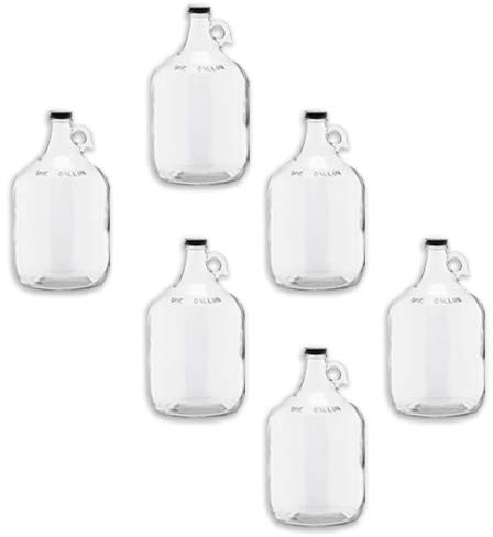 Glass Fermenting Jug 1 Gallon (128oz) with Handle, Black Polyseal Lid & Cap - Pack of 6 - Clear Glass for Beer, Wine, Mead
