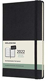 Moleskine 12 Monate Wochenkalender Deutsch 2022, Large/A5, 1 Wo = 2 Seiten, horizontal, Gebunden, Schwarz