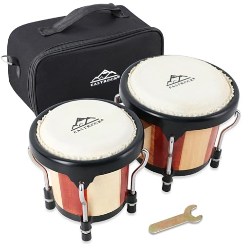 EastRock Bongo Drum - Juego de bongos de 4 y 5 pulgadas para adultos, principiantes, profesionales, instrumentos de percusión de madera y metal sintonizables con llave de afinación