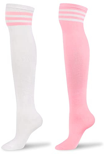 LittleForBig Ginocchio Alto Ragazza di Scuola Lunghe Righe Tubo Calze Stile College 2 Paia M - Bianco e Rosa