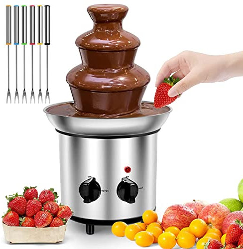 with Dessert Forks Stainless Steel Chocolate Fondue Fountain/Sauce Melting Pot,3 Tier Chocolate Waterfall Machine, for Sweet Treats, Fruits, Nuts, BBQ Sauce, Marshmallows