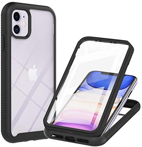 Knoowcase for iPhone 12 Case Built-in Screen Protector iPhone 12 Phone Case Shockproof Full Body Protection Rubber Bumper Stylish Clear Rugged Back Shell Cover, Black