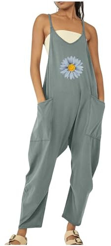 Azruma Freizeitanzug Damen, Strampler Mädchen Hosenanzug Damen Komplett Frauen Casual Blumenmuster V-Ausschnitt Ärmellose Jumpsuit Mit Taschen Onesie Kostüm Erwachsene Maleroverall(1-Mint Green,3XL)