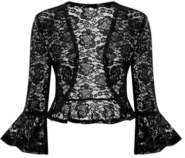 Hobrounn - Bolero da donna con pizzo, elegante cardigan festivo, giacca a spalla con maniche a 3/4, corto, top per abiti da sera, feste, matrimoni, Nero , S